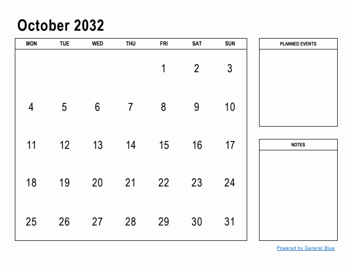 October 2032 Calendar Planner
