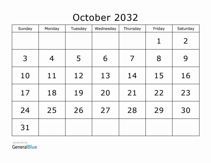 Printable October 2032 Calendar - Sunday Start