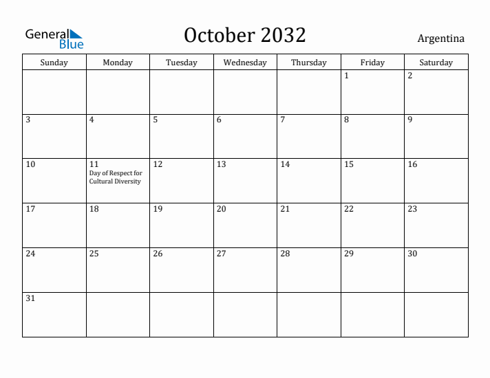 October 2032 Calendar Argentina