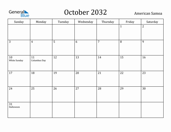 October 2032 Calendar American Samoa