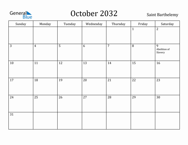 October 2032 Calendar Saint Barthelemy