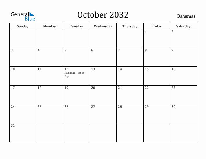 October 2032 Calendar Bahamas