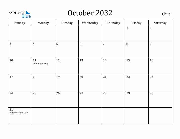 October 2032 Calendar Chile