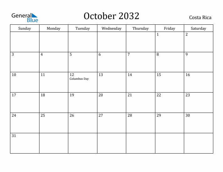 October 2032 Calendar Costa Rica