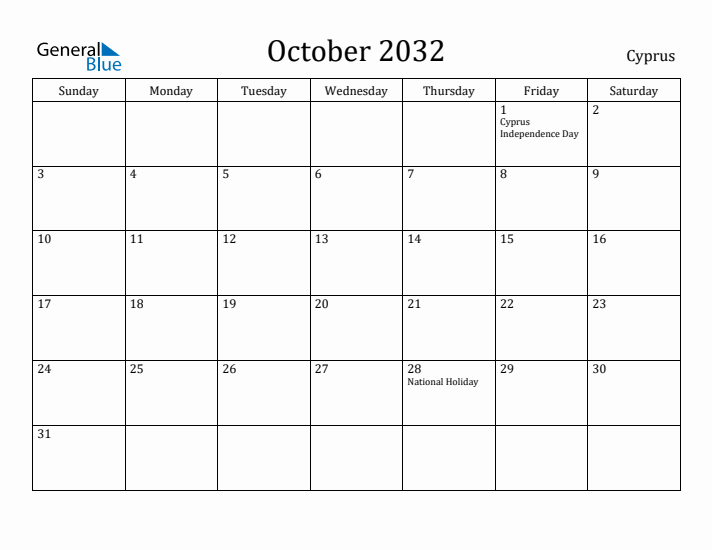 October 2032 Calendar Cyprus