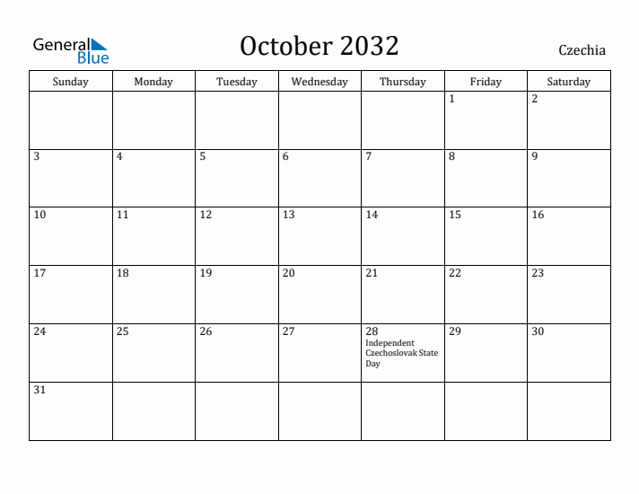October 2032 Calendar Czechia