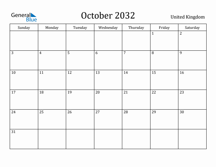 October 2032 Calendar United Kingdom