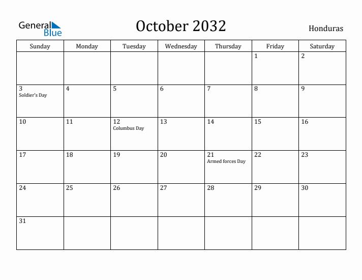 October 2032 Calendar Honduras