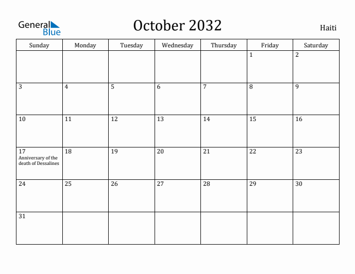 October 2032 Calendar Haiti