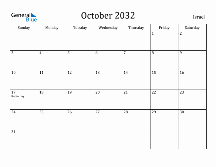 October 2032 Calendar Israel