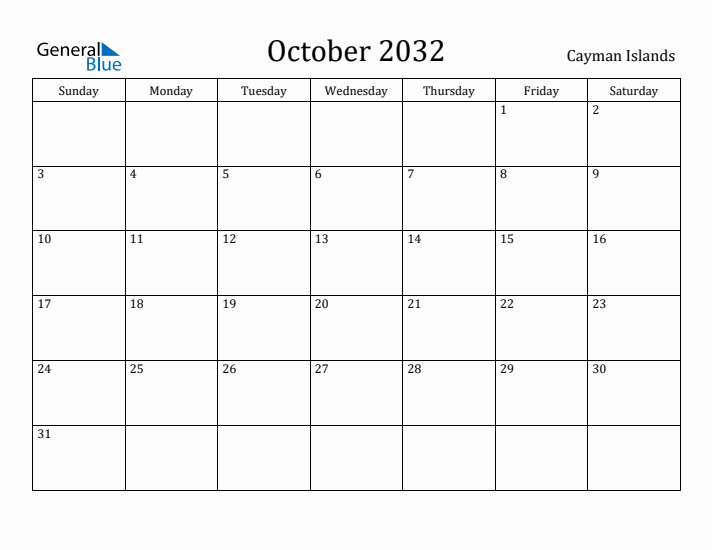 October 2032 Calendar Cayman Islands