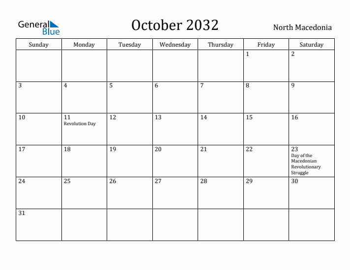 October 2032 Calendar North Macedonia