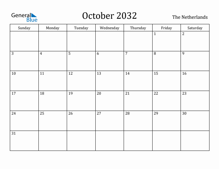 October 2032 Calendar The Netherlands