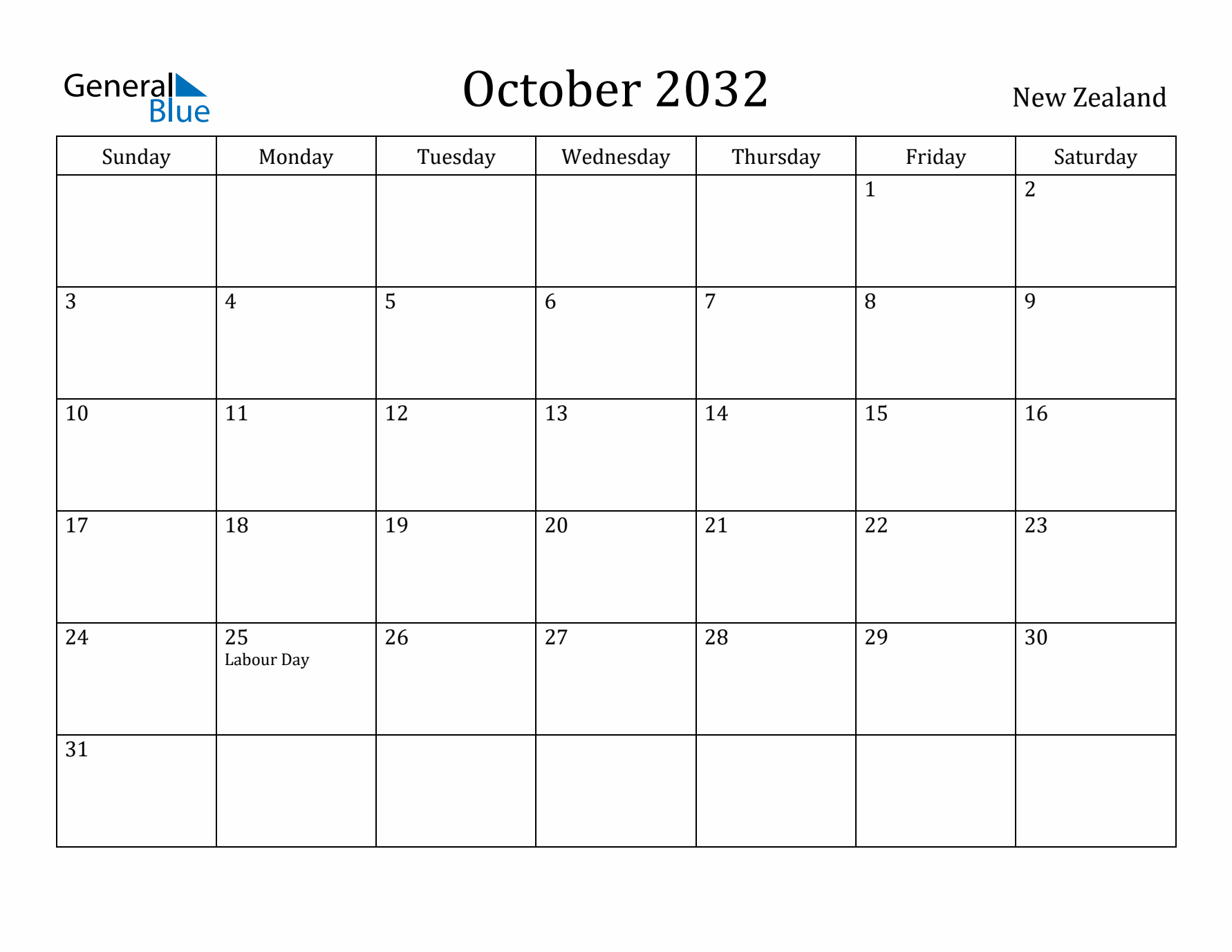 October 2032 Calendar New Zealand