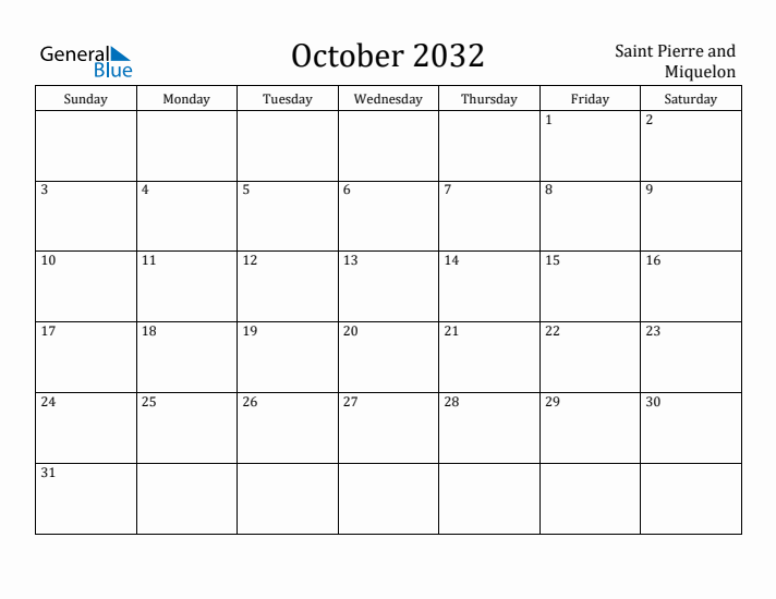 October 2032 Calendar Saint Pierre and Miquelon