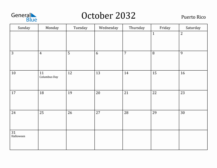 October 2032 Calendar Puerto Rico