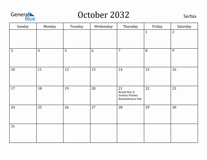 October 2032 Calendar Serbia