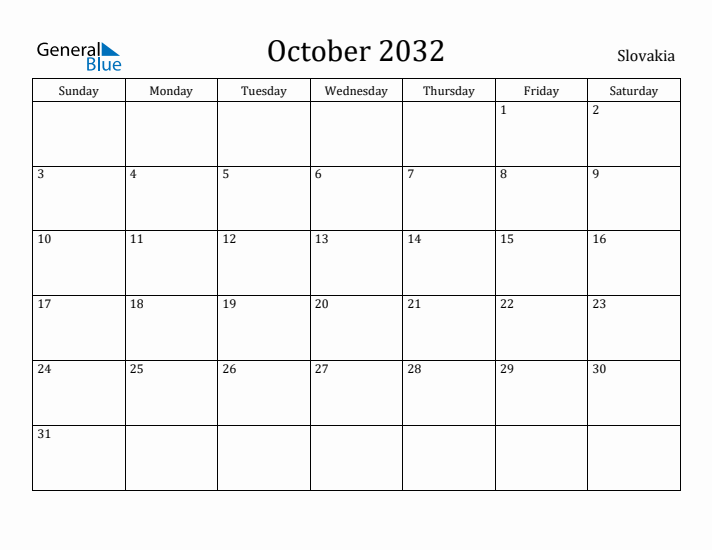 October 2032 Calendar Slovakia