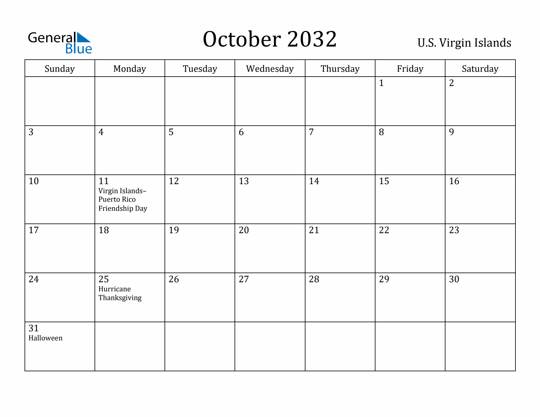 October 2032 Calendar U.S. Virgin Islands