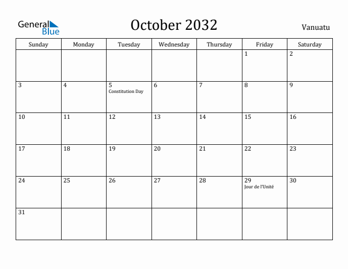 October 2032 Calendar Vanuatu