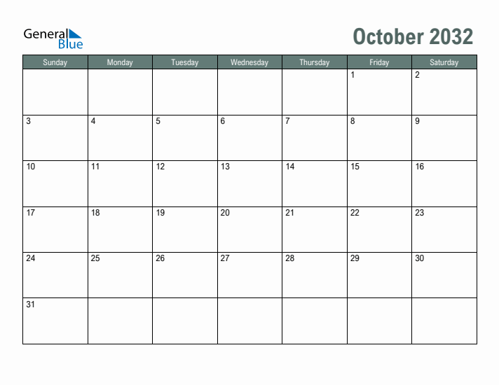 Free Printable October 2032 Calendar
