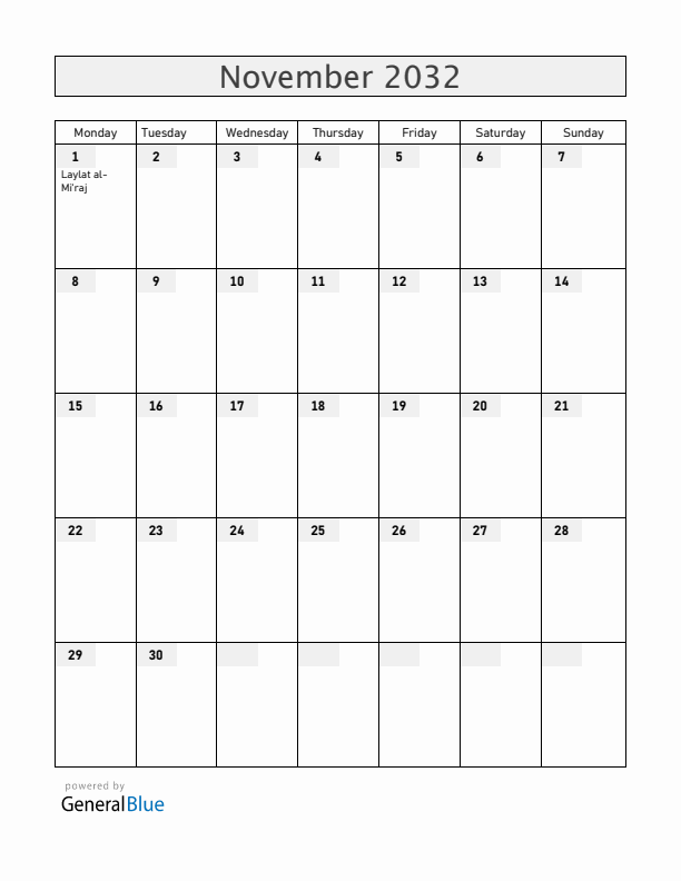 United Arab Emirates November 2032 Calendar with Holidays