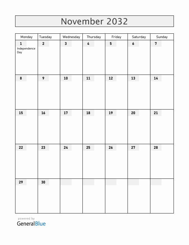Antigua and Barbuda November 2032 Calendar with Holidays