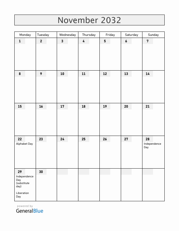 Albania November 2032 Calendar with Holidays