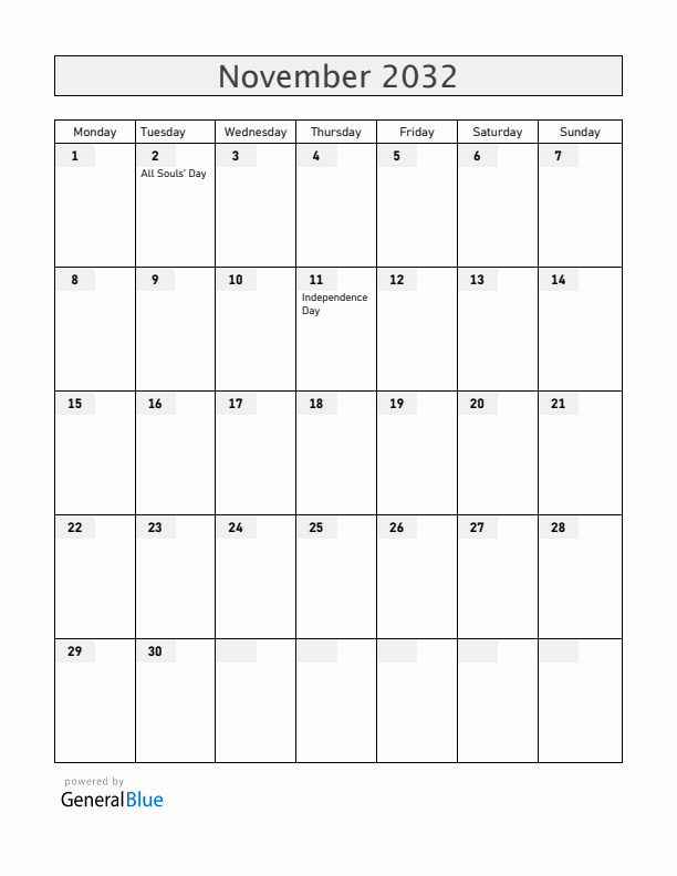 Angola November 2032 Calendar with Holidays