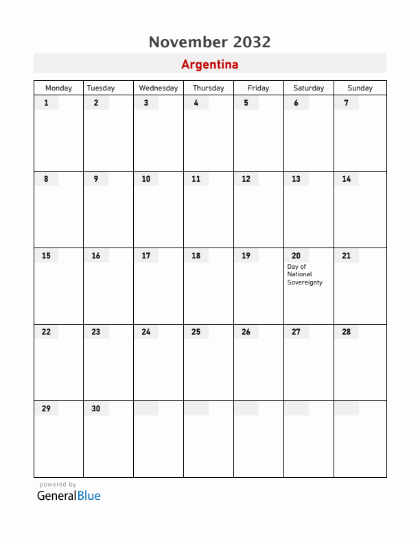 Argentina November 2032 Calendar with Holidays