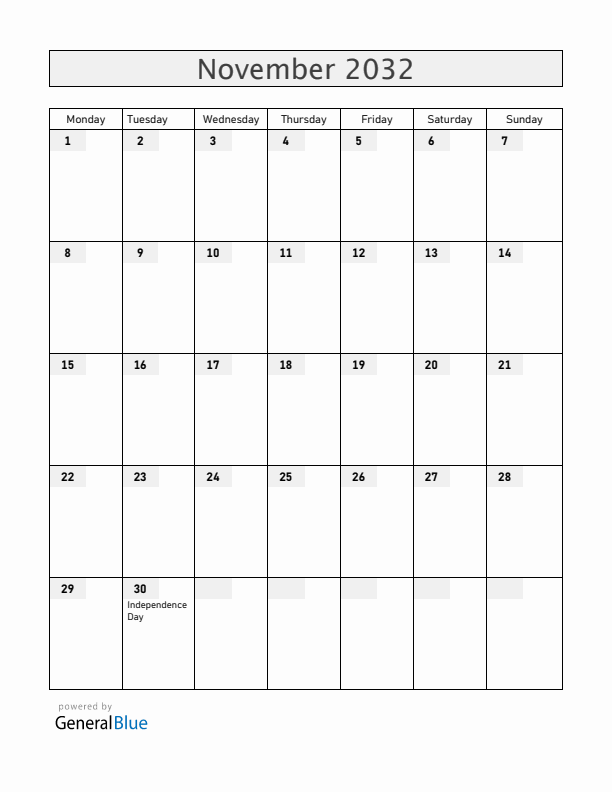 Barbados November 2032 Calendar with Holidays