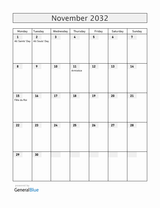 Belgium November 2032 Calendar with Holidays