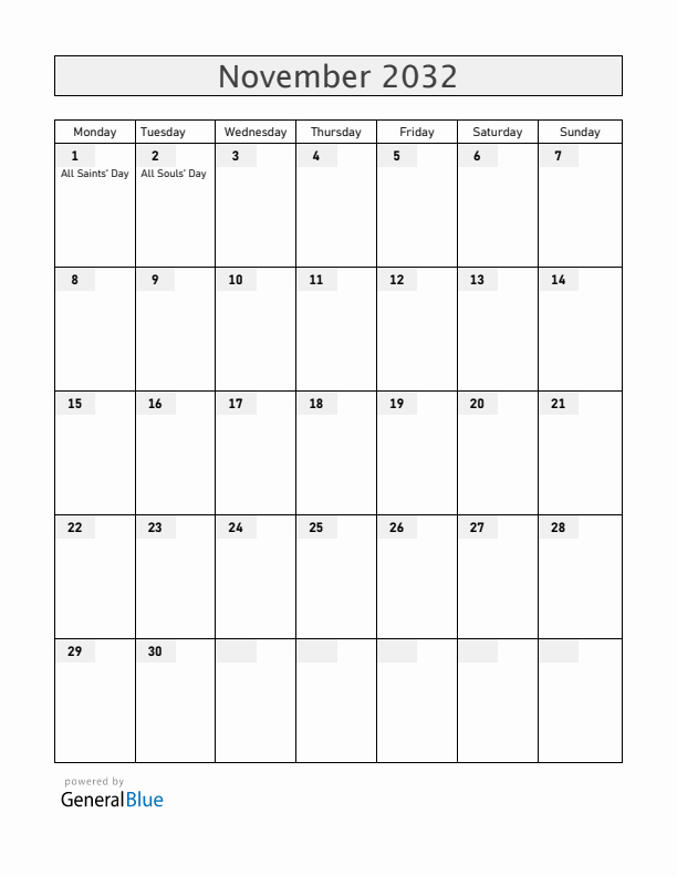 Bolivia November 2032 Calendar with Holidays