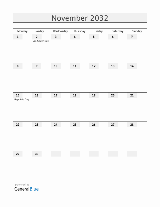Brazil November 2032 Calendar with Holidays