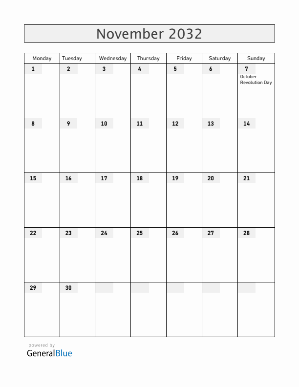 Belarus November 2032 Calendar with Holidays