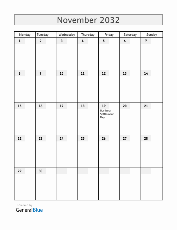 Belize November 2032 Calendar with Holidays