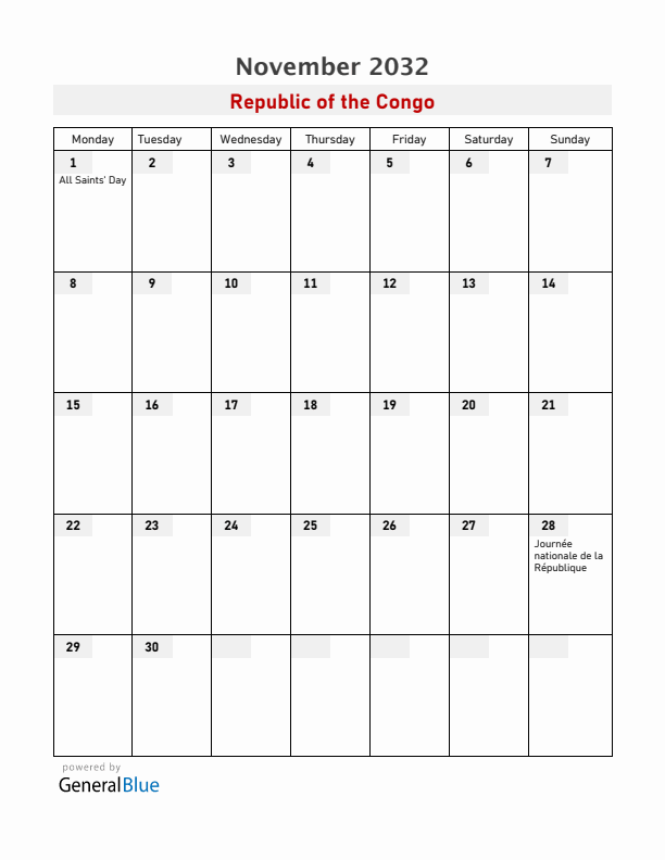 Republic of the Congo November 2032 Calendar with Holidays