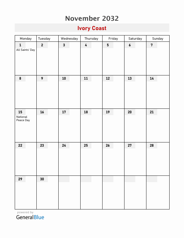 Ivory Coast November 2032 Calendar with Holidays