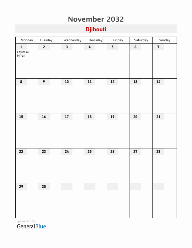 Djibouti November 2032 Calendar with Holidays