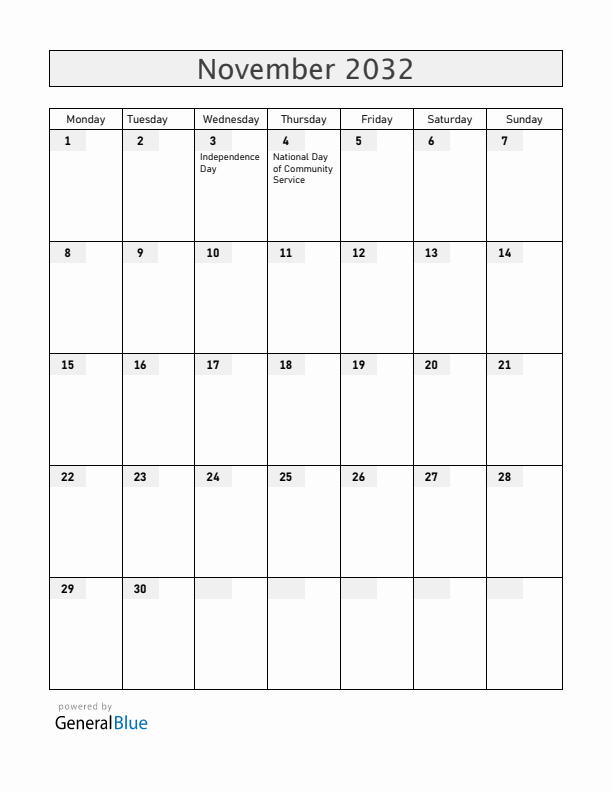 Dominica November 2032 Calendar with Holidays