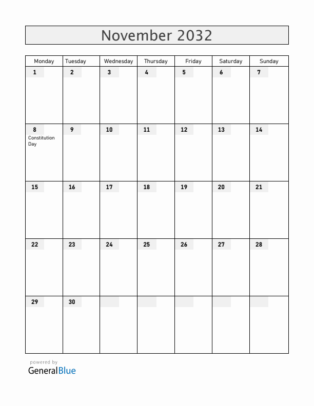 Dominican Republic November 2032 Calendar with Holidays