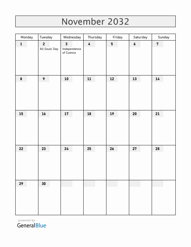 Ecuador November 2032 Calendar with Holidays