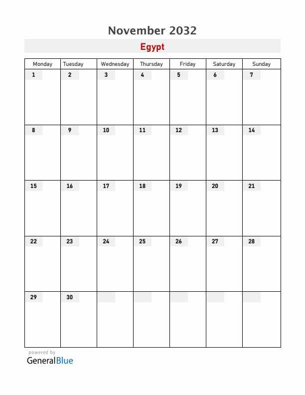 Egypt November 2032 Calendar with Holidays
