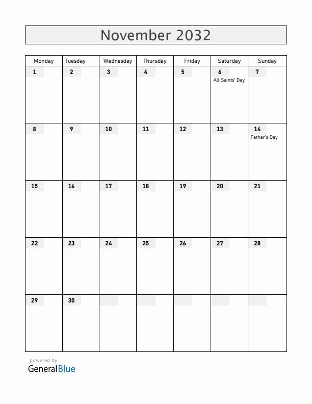 Finland November 2032 Calendar with Holidays