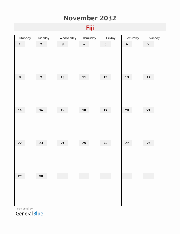 Fiji November 2032 Calendar with Holidays