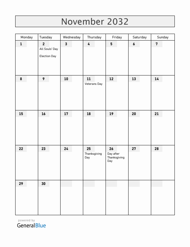Guam November 2032 Calendar with Holidays