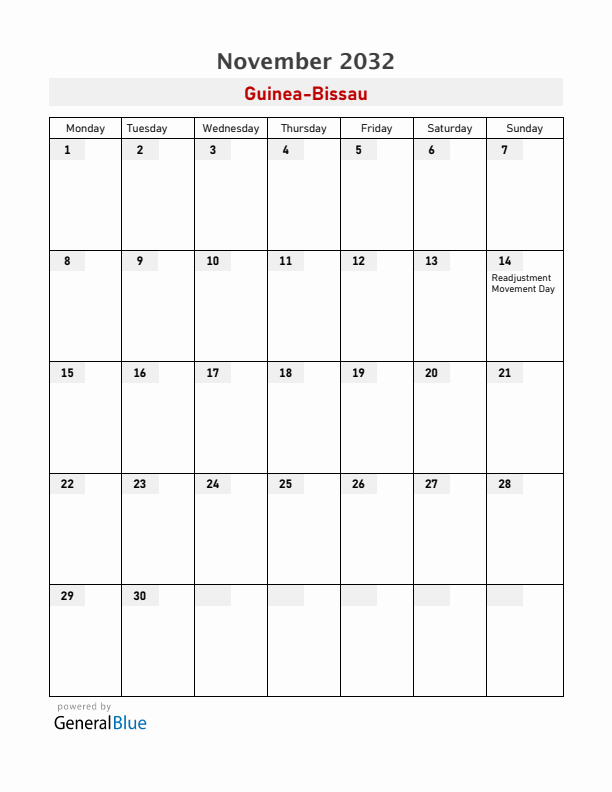 Guinea-Bissau November 2032 Calendar with Holidays