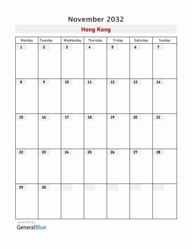 Hong Kong November 2032 Calendar with Holidays