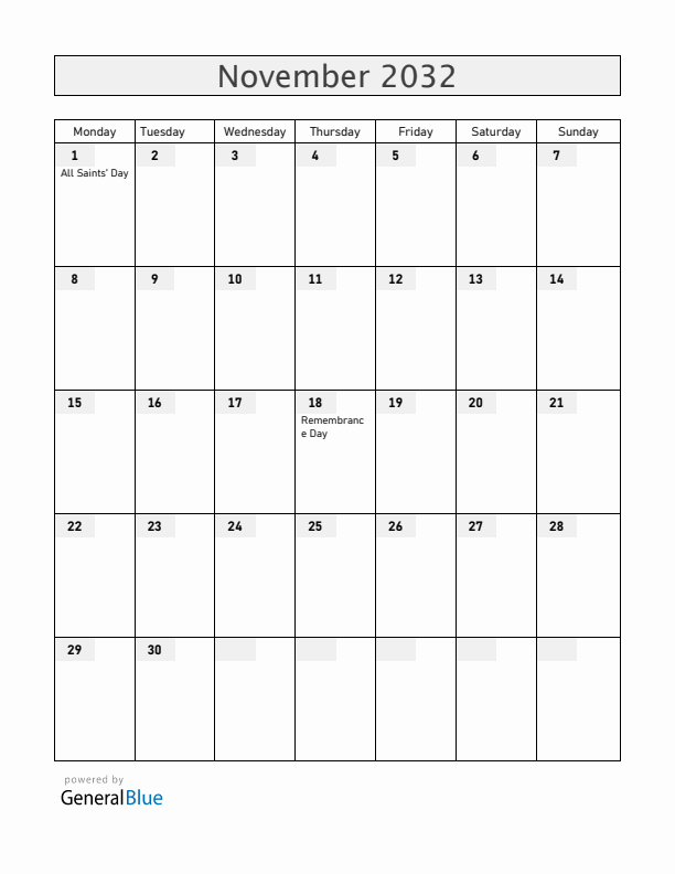 Croatia November 2032 Calendar with Holidays
