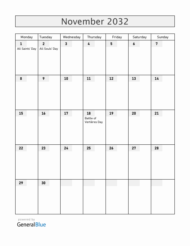 Haiti November 2032 Calendar with Holidays